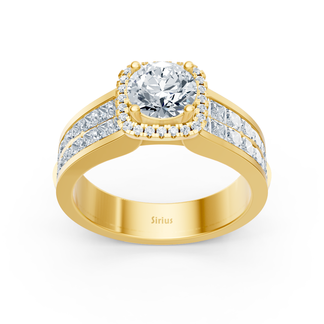 Elegant yellow gold ring with a princess-cut halo lab-grown diamond - high-quality Jewelry from Rosy Lab Diamonds