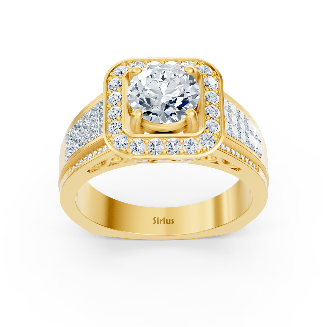Majestic yellow gold ring with princess cut and square halo setting