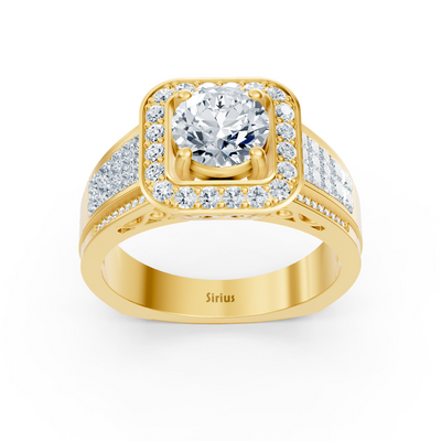 Majestic yellow gold ring with princess cut and square halo setting