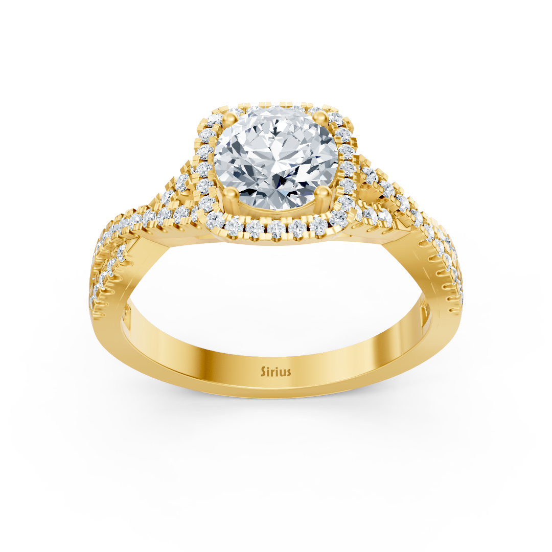 Yellow gold diamond ring with pavé setting and solitaire made of 14K gold