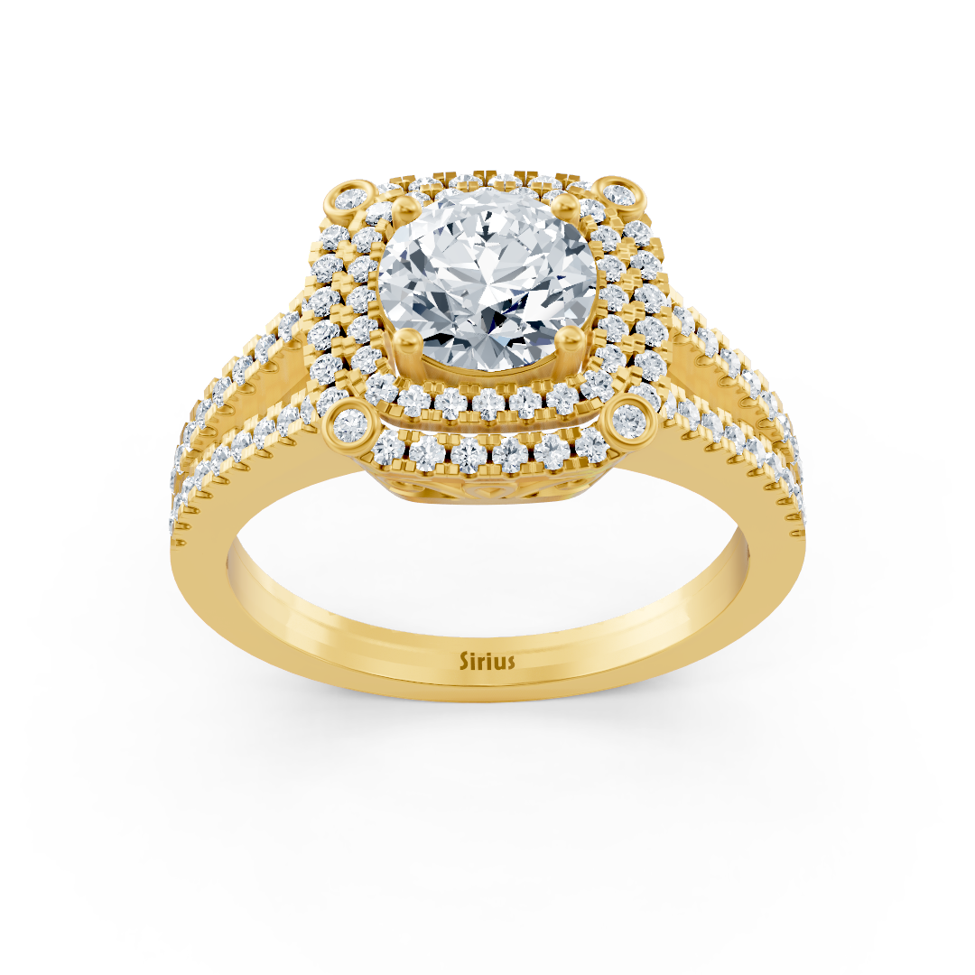 Gelbgold-Ring mit Doppel-Halo und Weißtopas - Laborgezüchtete Diamanten - hochwertiger Schmuck von Rosy Lab Diamonds