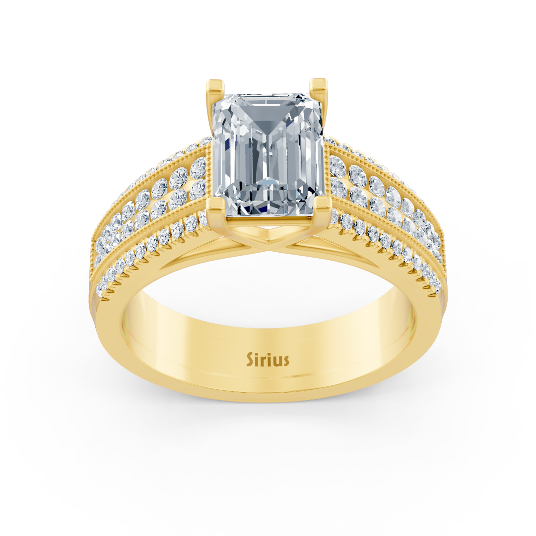 Yellow Gold ring with octagonal white topaz & lab-grown diamonds - wide pavé band - high-quality Jewelry by Rosy Lab Diamonds