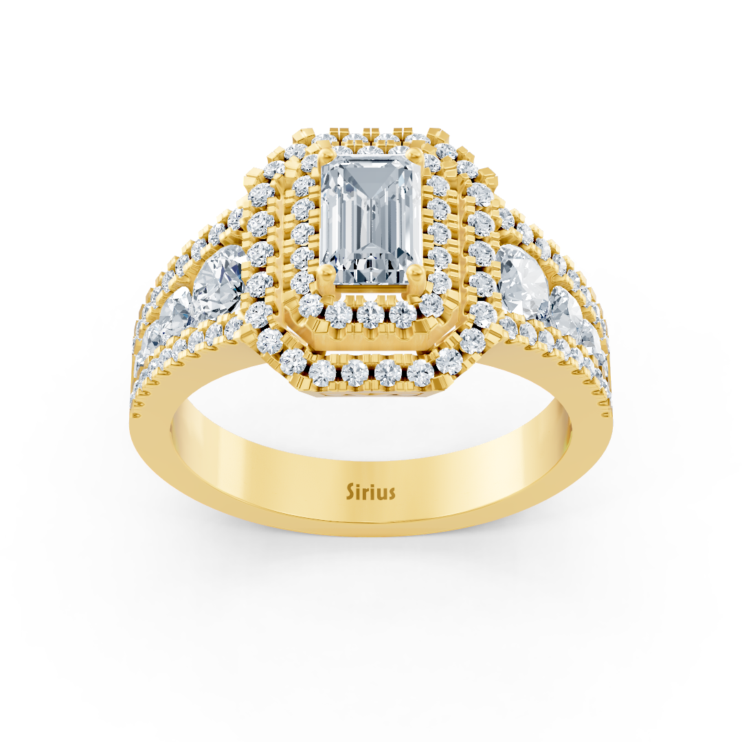Glanzvoller Gelbgoldring mit Saphir und Diamanten im Emerald-Schliff - hochwertiger Schmuck von Rosy Lab Diamonds
