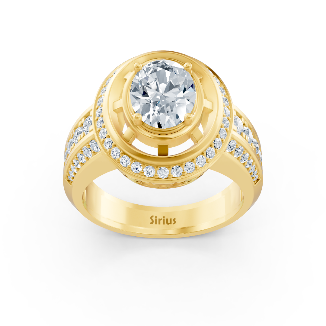 Magnificent yellow gold ring with oval white topaz and diamonds 