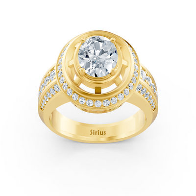Magnificent yellow gold ring with oval white topaz and diamonds 