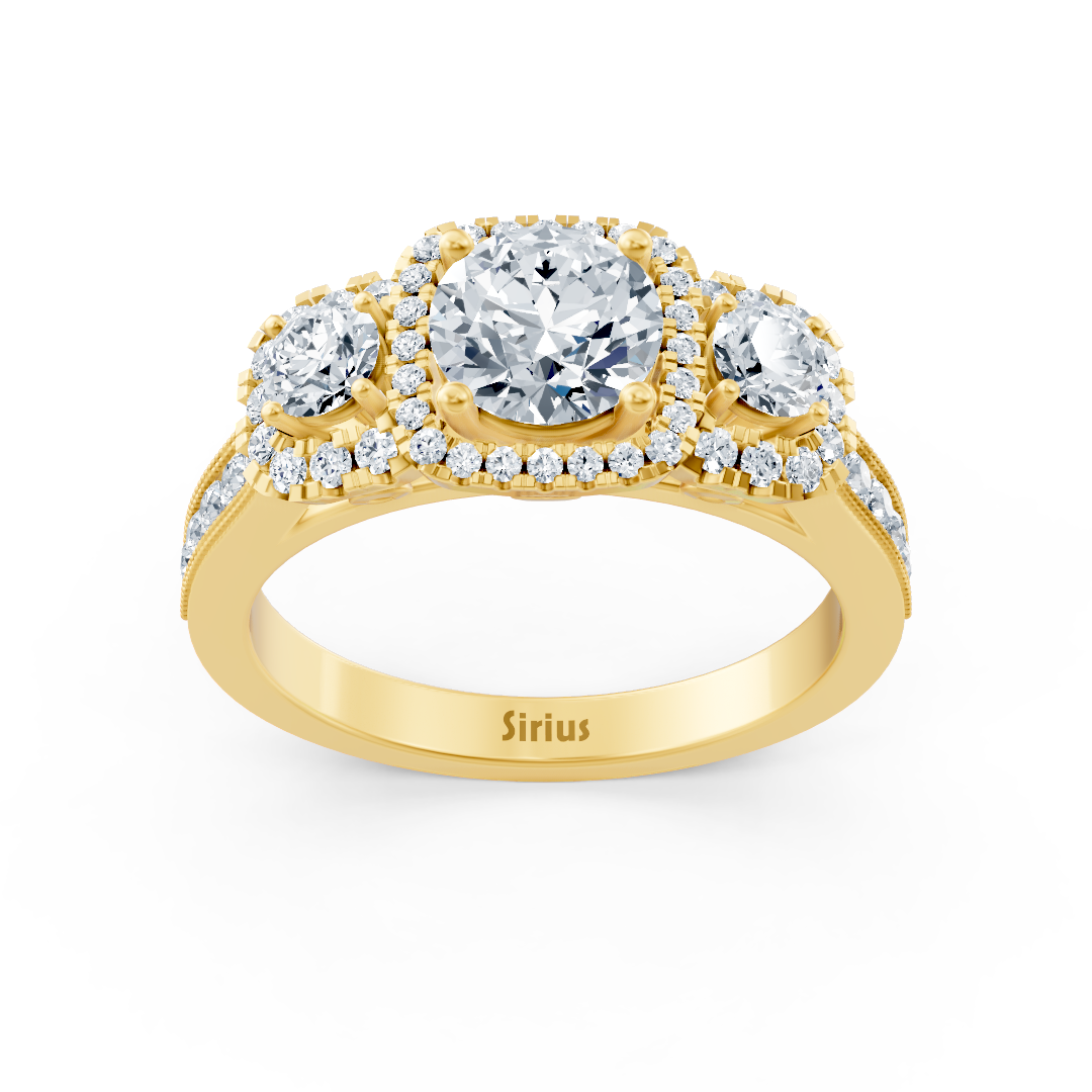 Classic Yellow Gold three-stone ring with white topaz and diamonds – high-quality Jewelry from Rosy Lab Diamonds