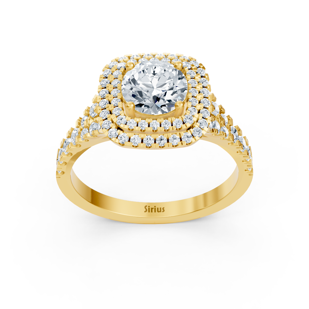 Yellow gold ring with double diamond halo and 1 ct white topaz 