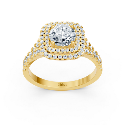 Yellow gold ring with double diamond halo and 1 ct white topaz 
