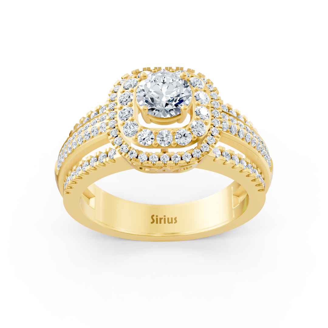 Yellow Gold ring with 1.09 ct lab-grown diamonds and a double halo – high-quality Jewelry by Rosy Lab Diamonds