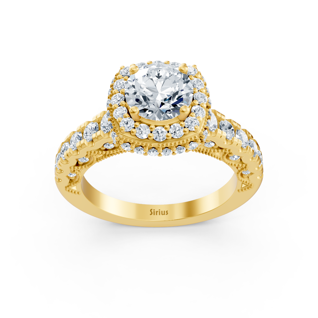 Opulent yellow gold ring with lab-grown diamonds in a vintage halo style – high-quality Jewelry from Rosy Lab Diamonds