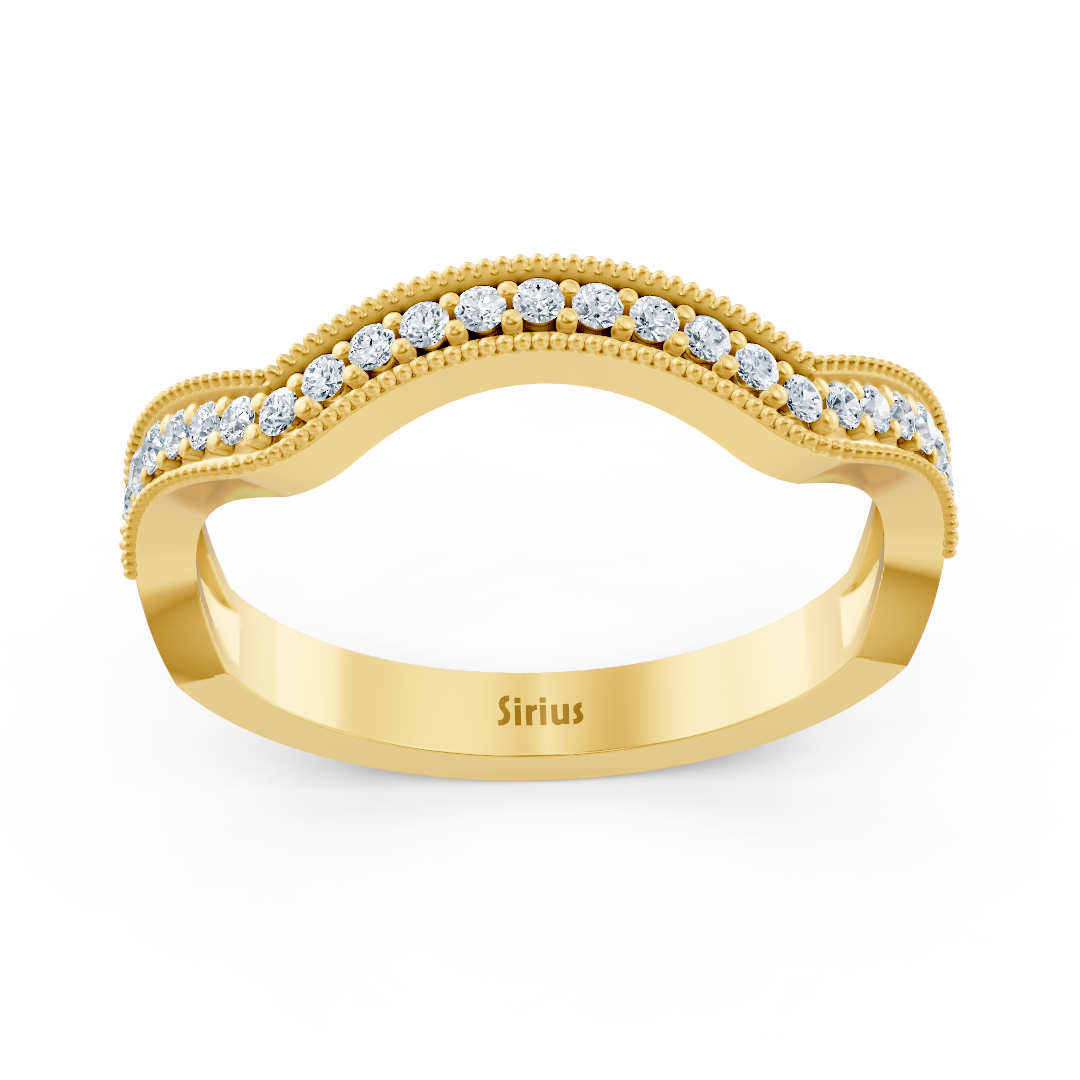 Wavy yellow gold ring with pavé-set lab diamonds