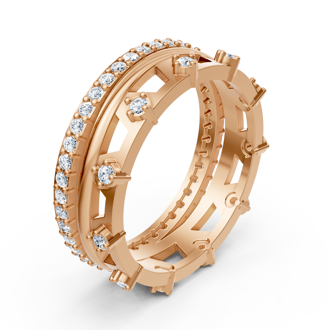 Bague architecturale en or rose avec diamants de laboratoire en deux tailles