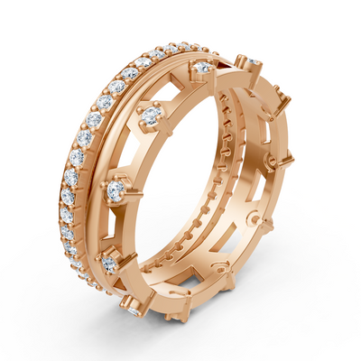 Bague architecturale en or rose avec diamants de laboratoire en deux tailles