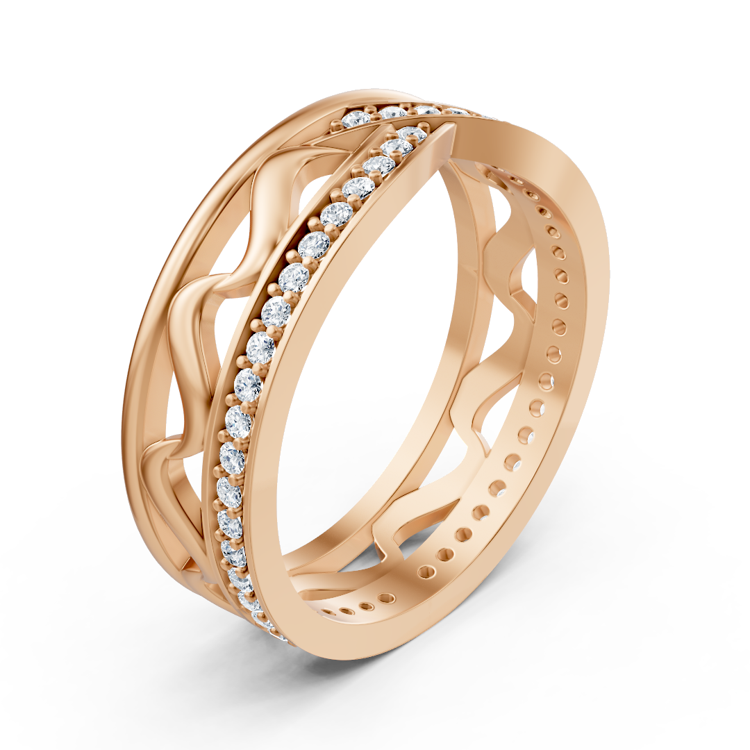 Bague en or rose avec une structure ondulée ludique et 48 diamants de laboratoire