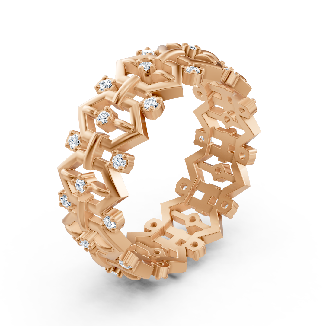 Bague géométrique en or rose avec 33 diamants de laboratoire en deux tailles