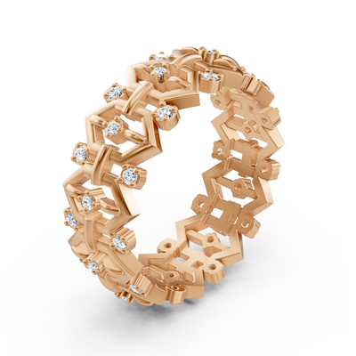 Bague géométrique en or rose avec 33 diamants de laboratoire en deux tailles