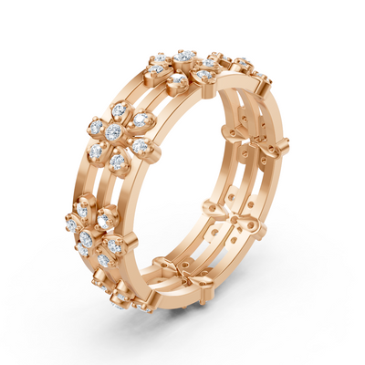 Bague en diamant rose doré avec structure florale et diamants de laboratoire