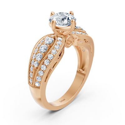 Rose gold ring in antique style with lab diamond and white topaz