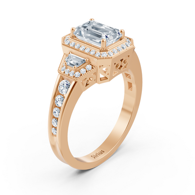 Luxurious rose gold ring with white topaz and diamonds in emerald and baguette cut