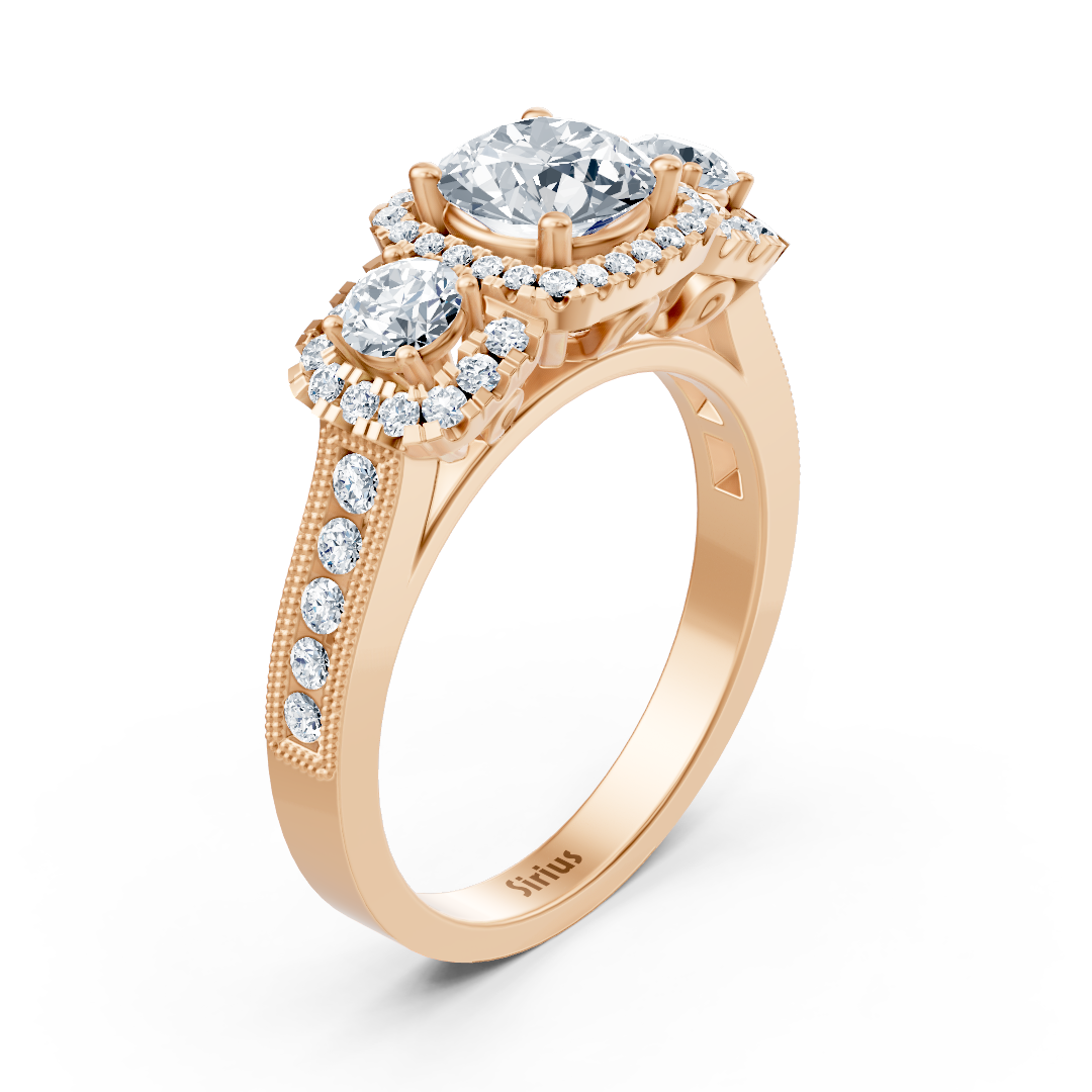Rose gold three-stone ring with white topaz and diamonds