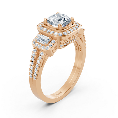 Bague en or rose avec diamant rond et topaze taille émeraude