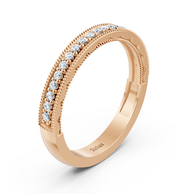 0.21 carat diamond half eternity ring with milgrain details in 14 carat rose gold