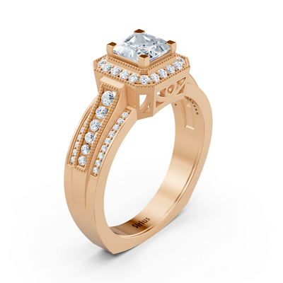 Extravagant rose gold ring with lab diamonds and princess cut sapphire