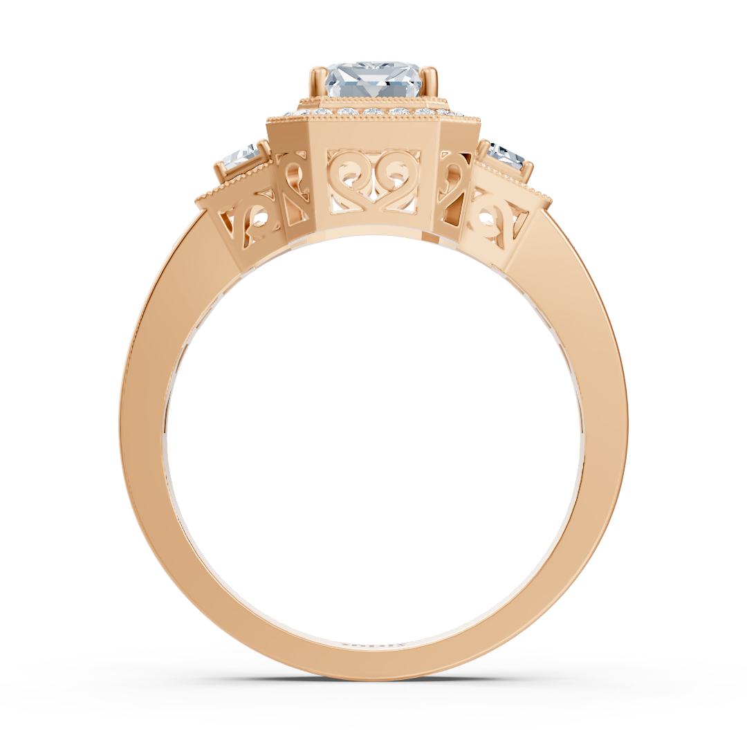 Luxurious rose gold ring with white topaz and diamonds in emerald and baguette cut