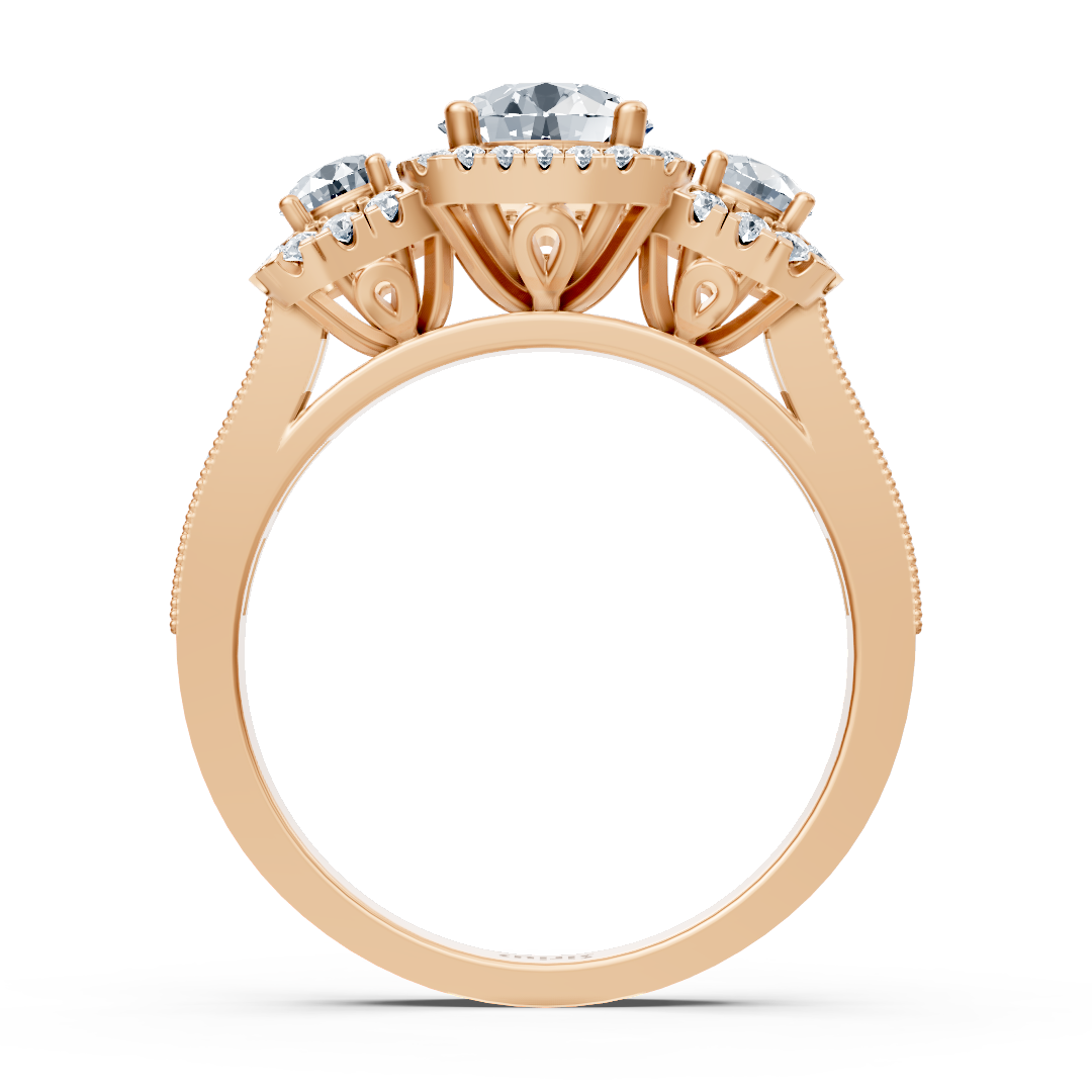Rose gold three-stone ring with white topaz and diamonds