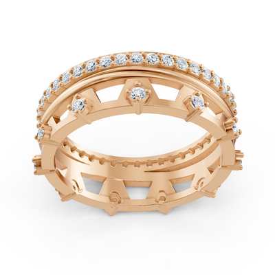 Bague architecturale en or rose avec diamants de laboratoire en deux tailles