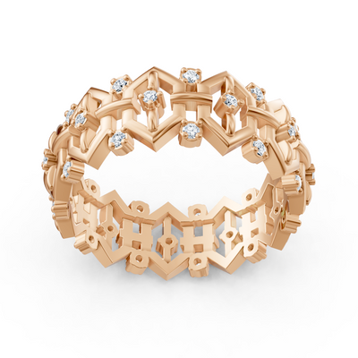 Bague géométrique en or rose avec 33 diamants de laboratoire en deux tailles