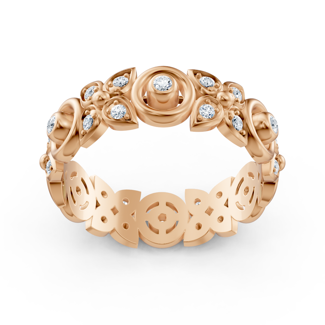 Bague en diamant rose doré avec structure florale et diamants de laboratoire