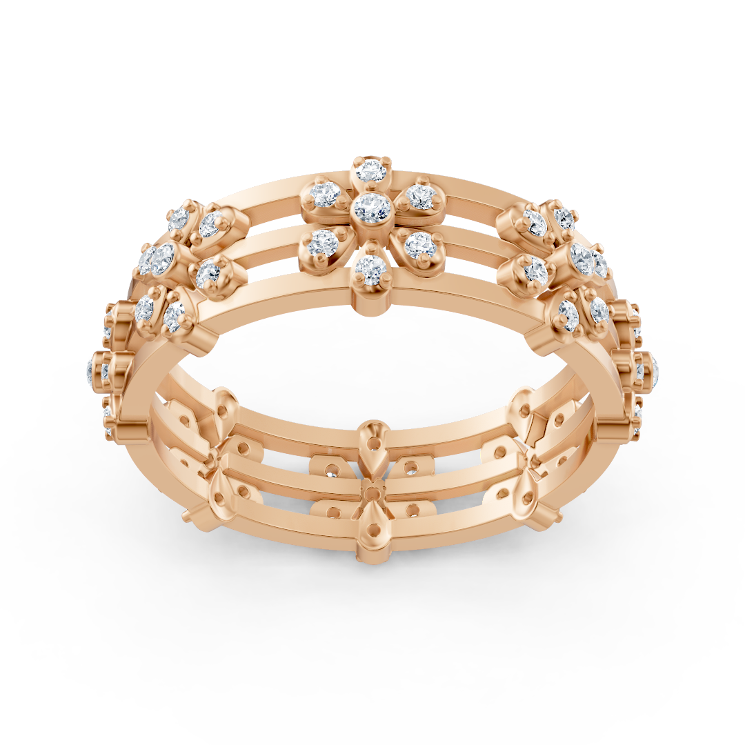 Bague en diamant rose doré avec structure florale et diamants de laboratoire
