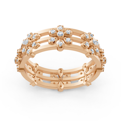 Bague en diamant rose doré avec structure florale et diamants de laboratoire