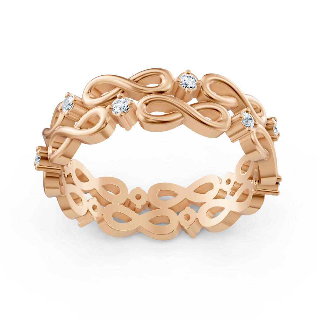 Rose gold ring with infinity symbols and 12 lab diamonds – 14K