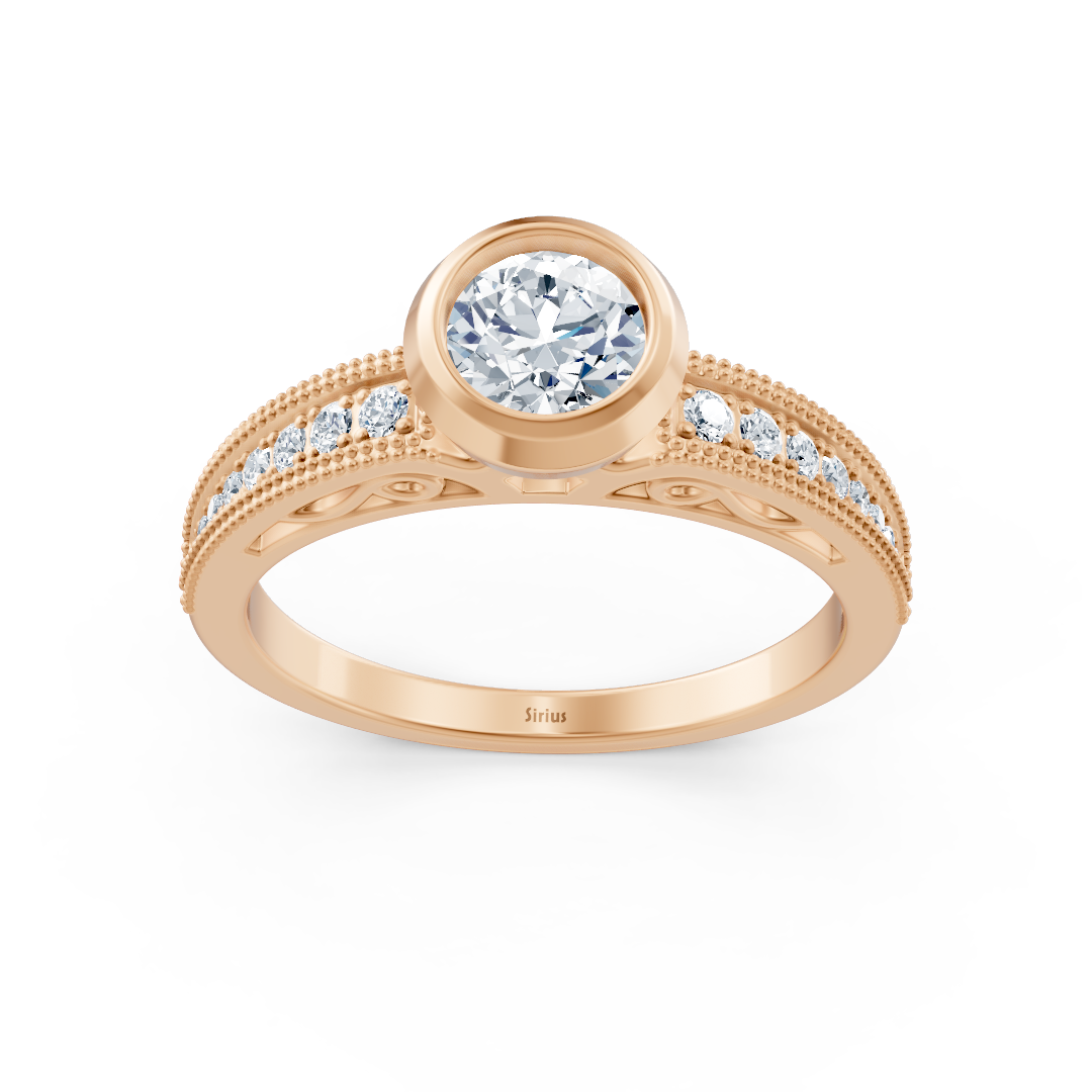 Rose gold ring with bezel setting, ornament details and lab diamond