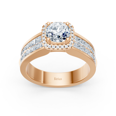 Rose gold ring with princess cut and halo lab diamond