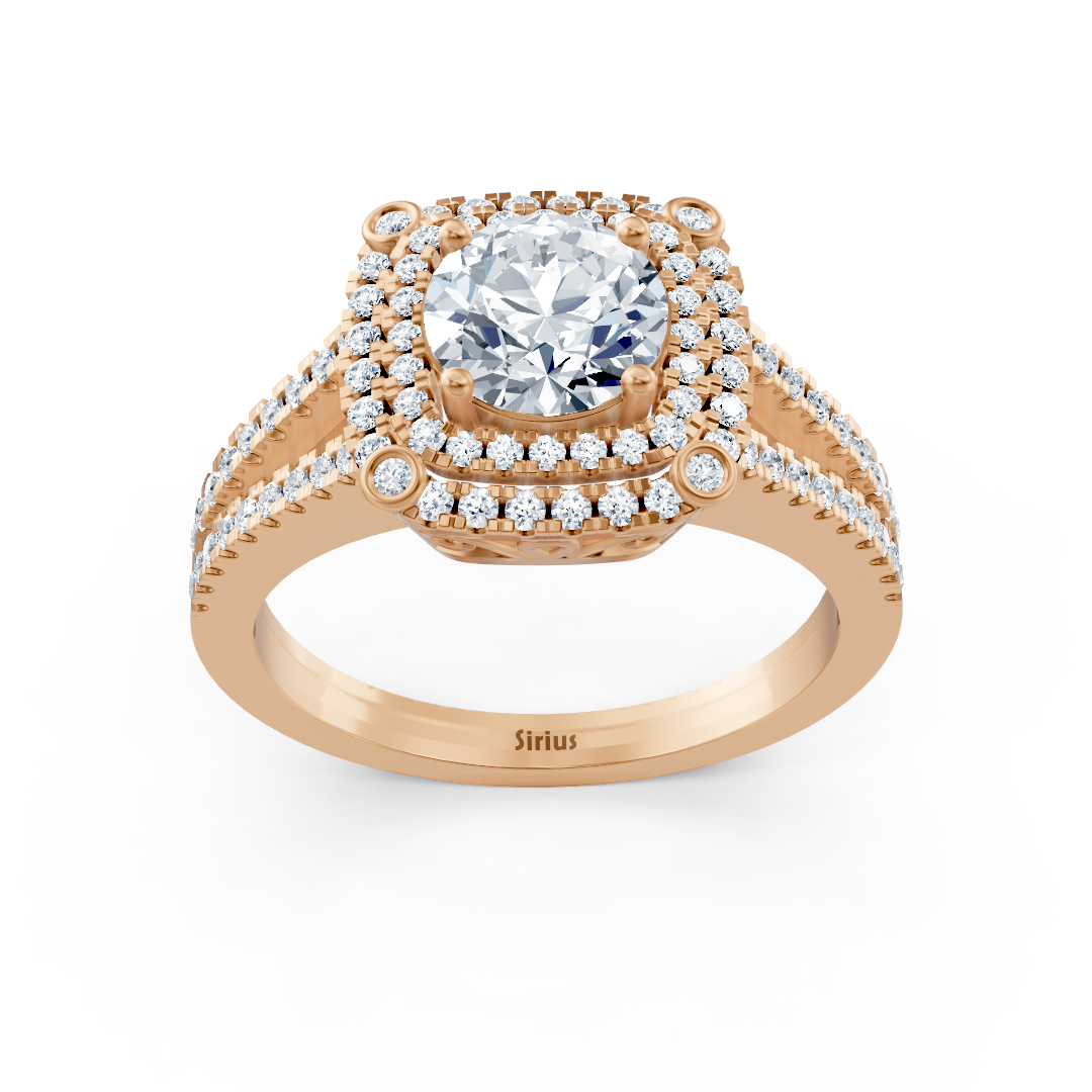 Çift halolu ve yuvarlak beyaz topazlı Rose Altın yüzük - Laboratuvarda yetiştirilmiş elmaslar - Rosy Lab Diamonds’tan yüksek kaliteli Mücevher