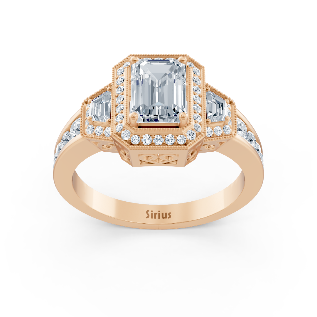 Luxurious rose gold ring with white topaz and diamonds in emerald and baguette cut