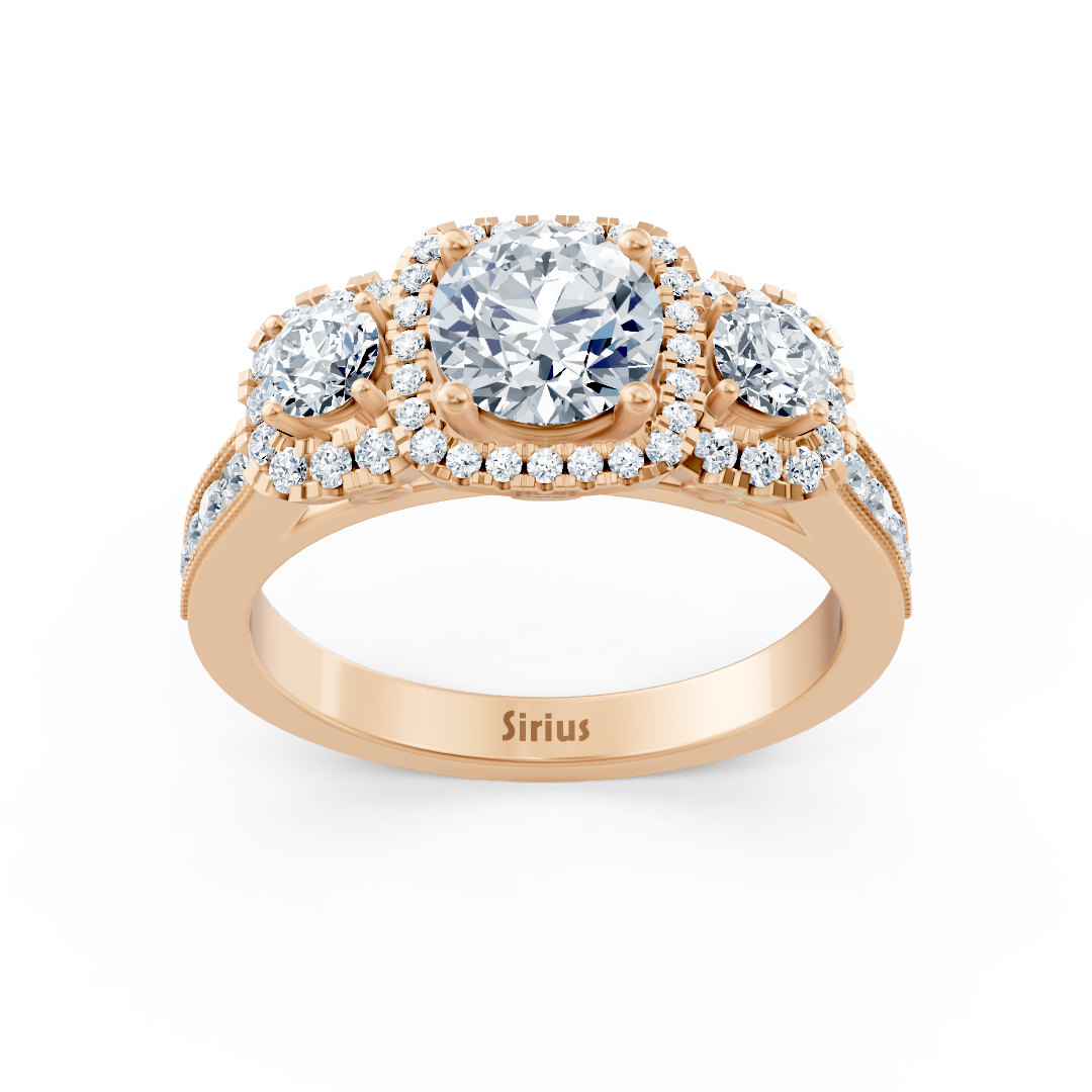 Rose gold three-stone ring with white topaz and diamonds