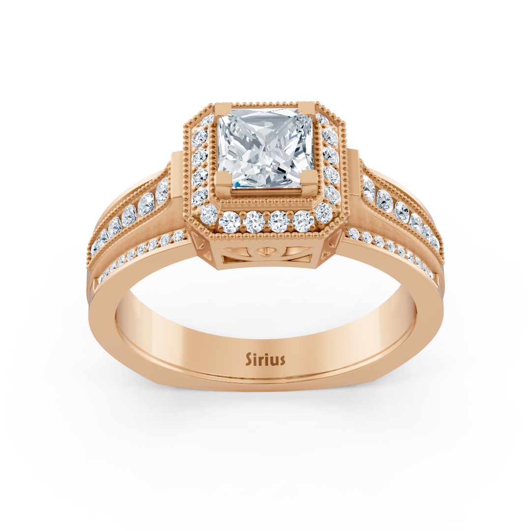 Extravagant rose gold ring with lab diamonds and princess cut sapphire