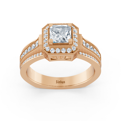 Extravagant rose gold ring with lab diamonds and princess cut sapphire