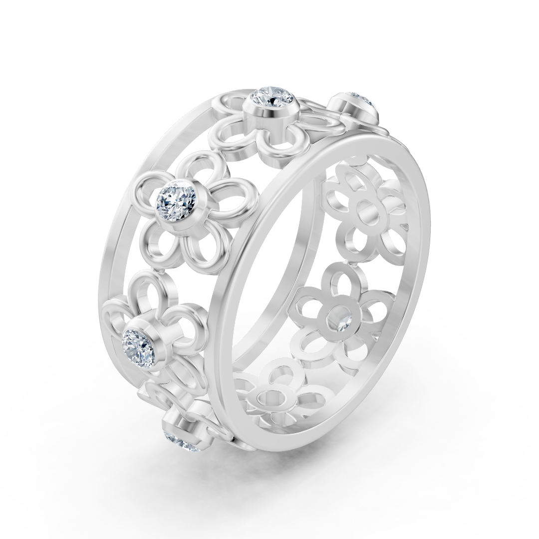 14K white gold ring with 8 lab diamonds in bezel setting