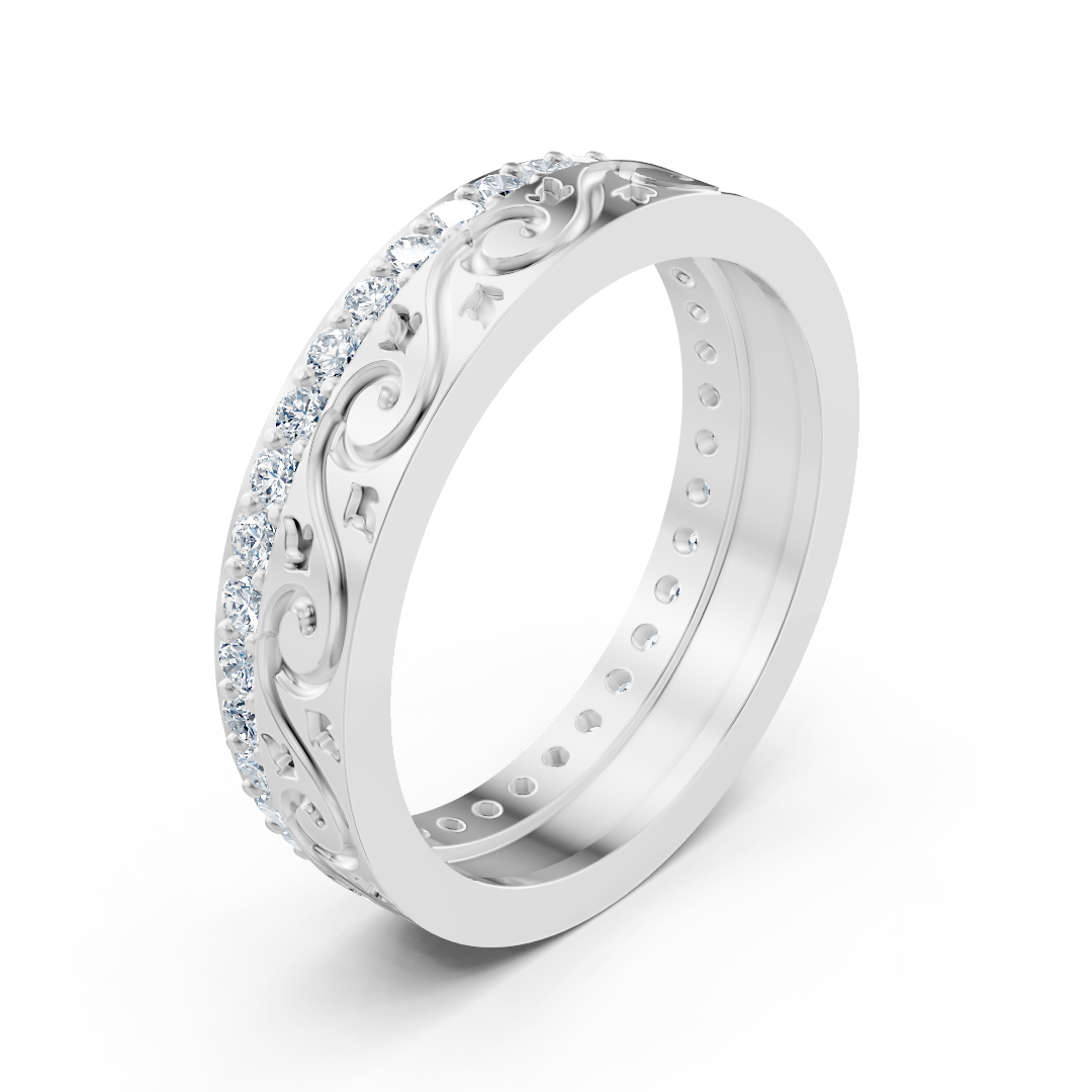 Bague en or blanc gravée avec 37 diamants ronds de laboratoire