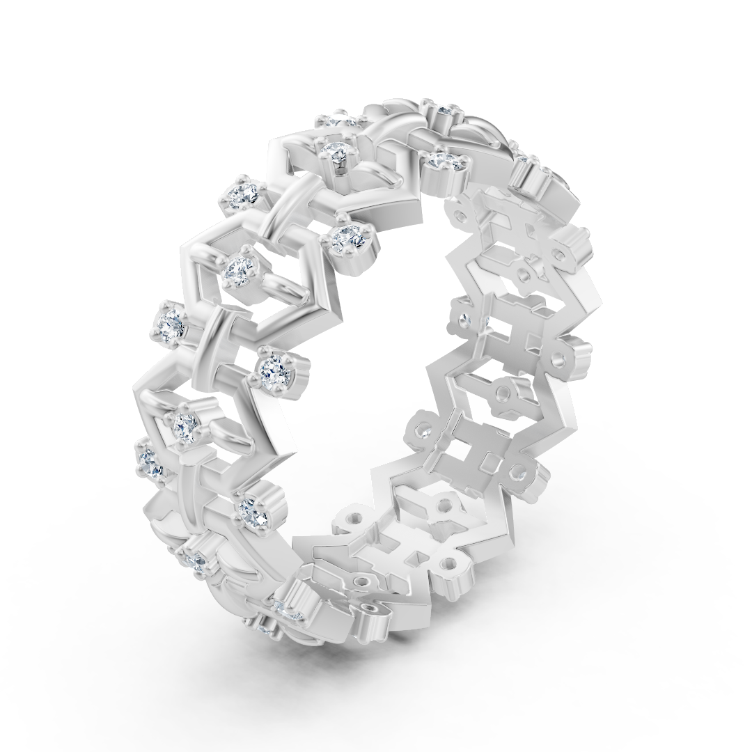 Geometric white gold ring with 33 lab diamonds in two sizes 