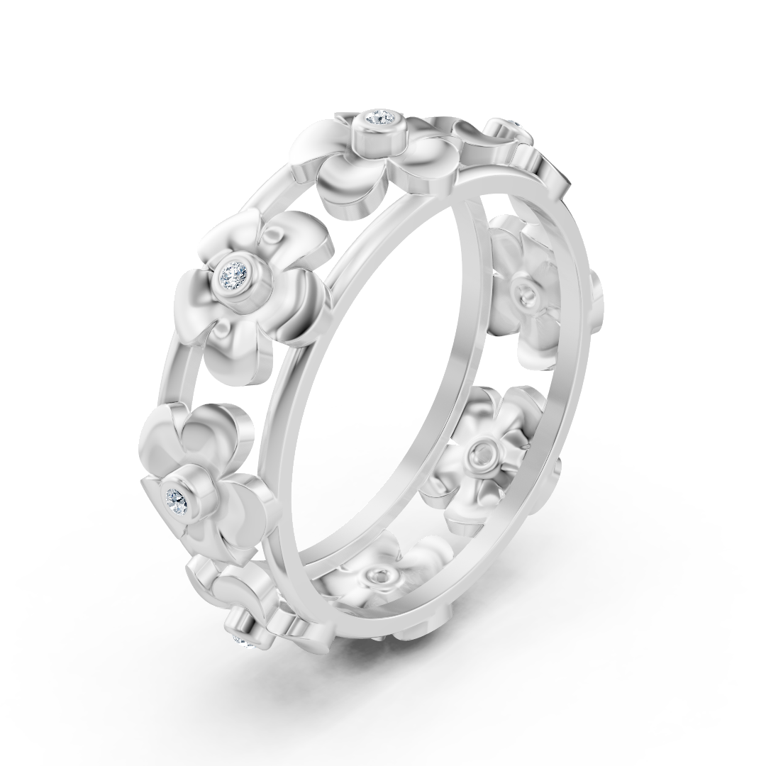 Çiçek motifleri ve laboratuvar pırlantalarıyla beyaz altın yüzük - Rosy Lab Diamonds'tan kaliteli Mücevher