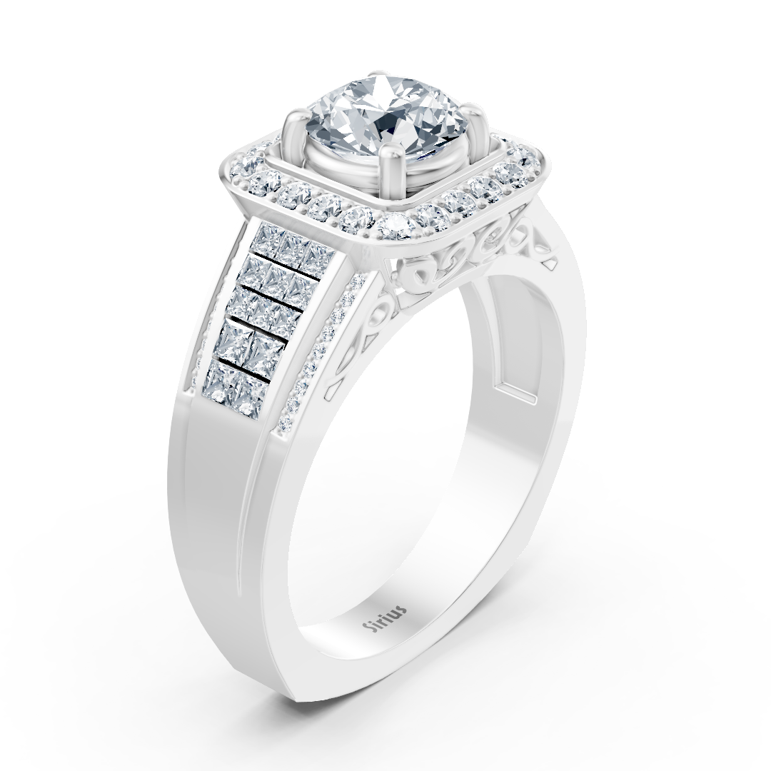 Prestigious white gold ring with a princess-cut and lab-grown diamond halo – high-quality Jewelry from Rosy Lab Diamonds
