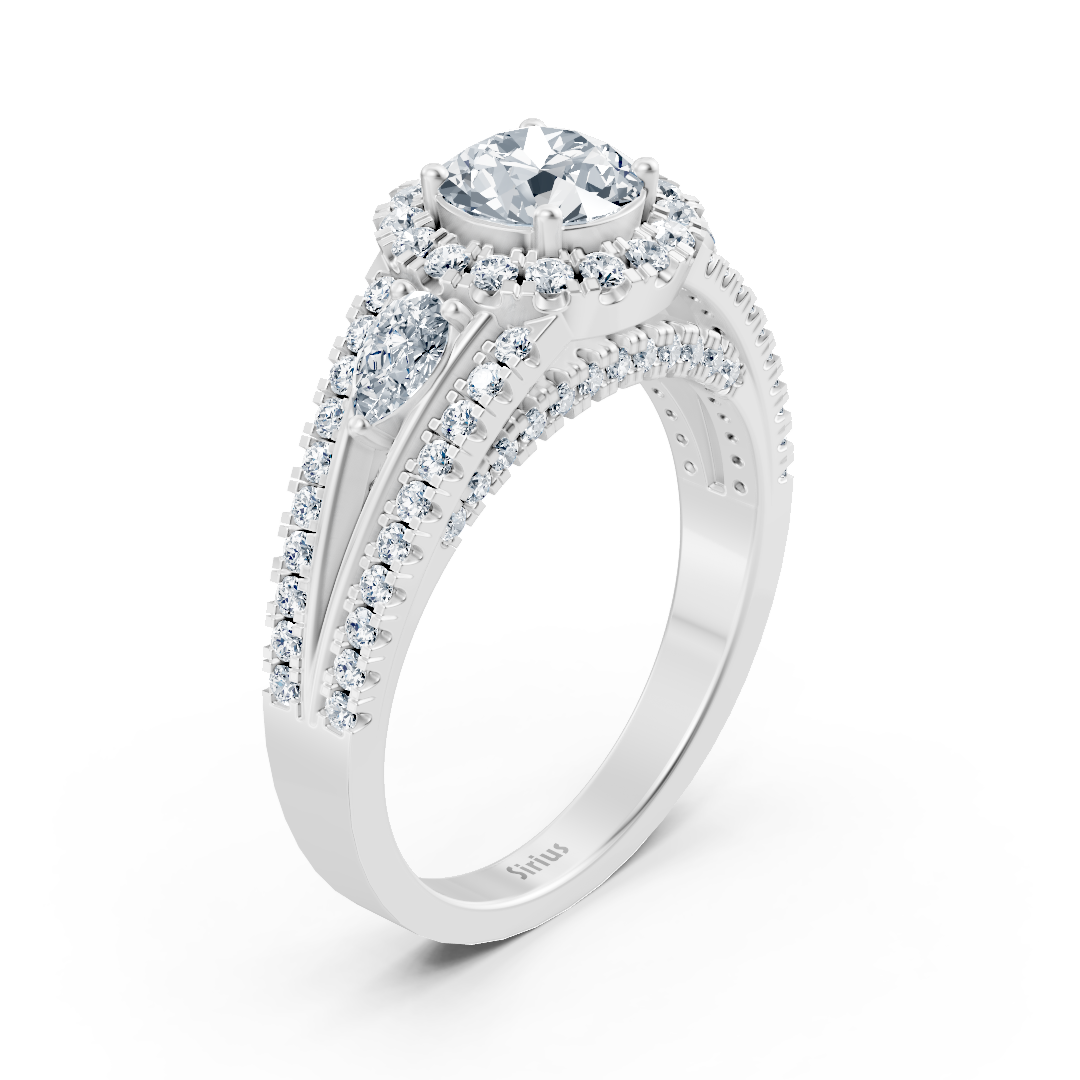 Yuvarlak Beyaz Topaz ve laboratuvarda yetiştirilmiş elmaslı Beyaz Altın yüzük - üç taşlı - Rosy Lab Diamonds’tan yüksek kaliteli Mücevher