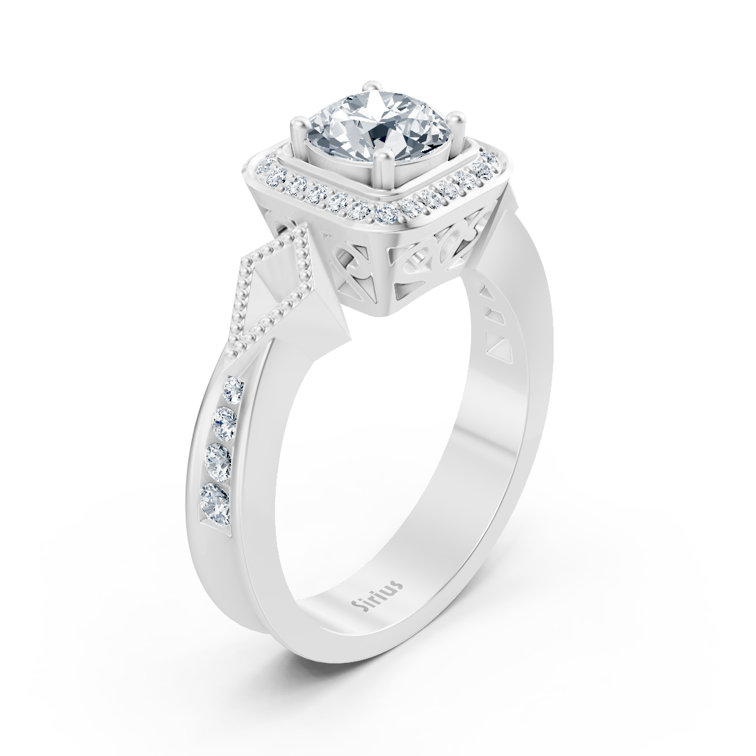 خاتم كلاسيكي من الذهب الأبيض مع ألماس بقطع دائري ولمسات هندسية - مجوهرات فاخرة من Rosy Lab Diamonds