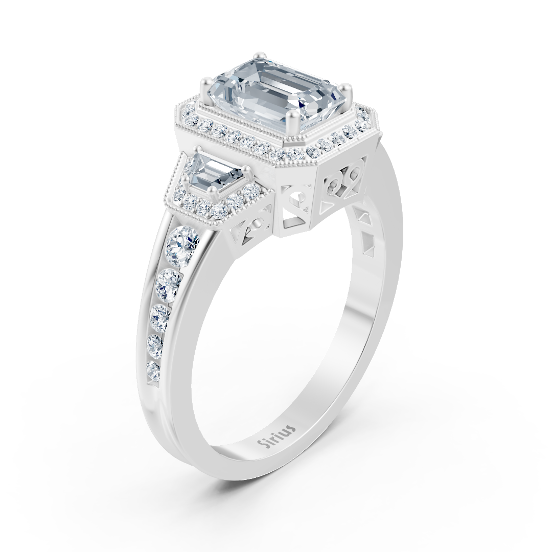 Zümrüt ve baget kesim beyaz topaz ve pırlantalı gösterişli beyaz altın yüzük - Rosy Lab Diamonds’tan kaliteli Mücevher